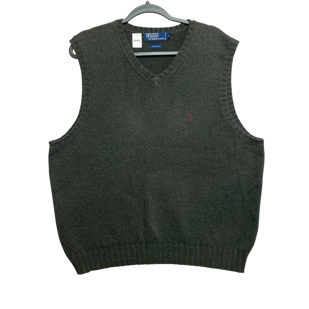Polo Ralph Lauren Sweater Vest Mens L Green V-Neck Cotton Knit Embroidered Logo